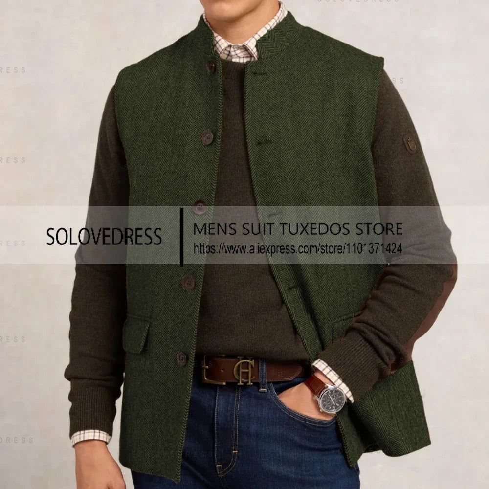 Herringbone Men's Vest Stand Collar Men's Herringbone Waistcoat Single Breasted Men's Suits Vest For Wedding