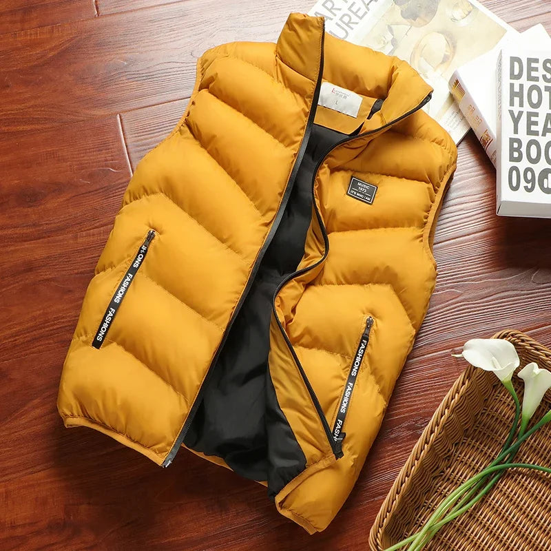 Winter Warm Men's Jacket Sleeveless Zipper Vest Solid Casual Vests Male Cotton-Padded Thickened Stand Collar Wear Outside