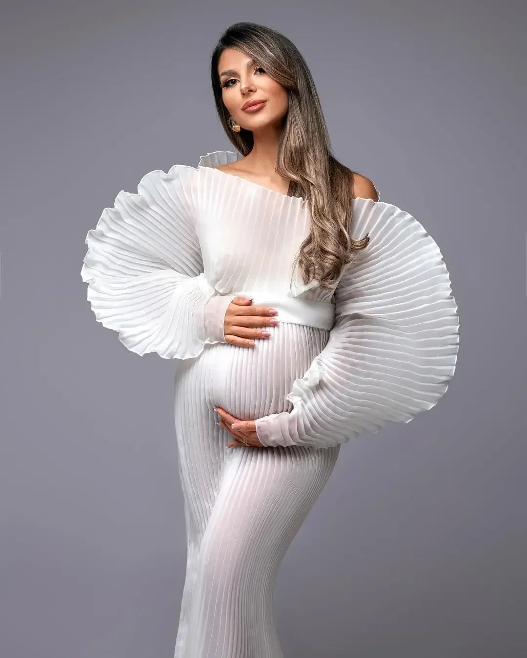 White Pleated Maternity Photoshoot Dress
