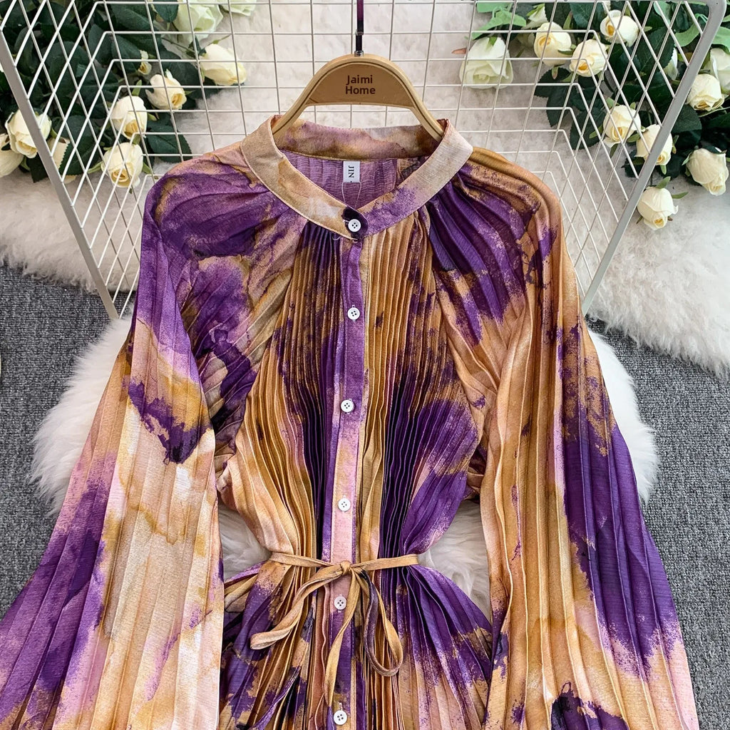 Printed round Ne Lantern Sve Dr Women's Single Button Waist Cinch Maxi Skirt Long Dr Commute Sle Autumn