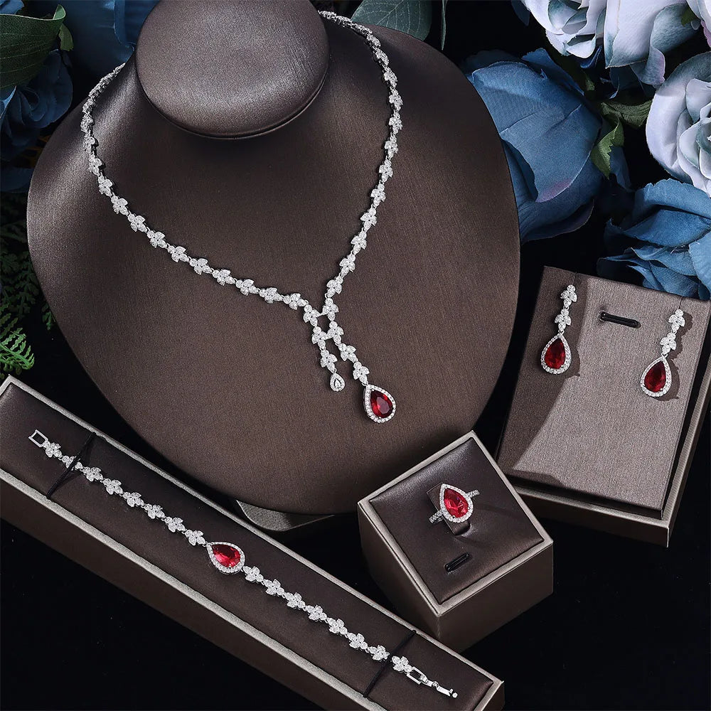 4pcs Bridal Zirconia Jewelry Sets For Women Party, Luxury Dubai Nigeria platinum plating Crystal Wedding Jewelry Sets