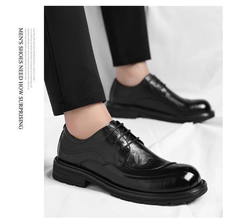 Brown Burnished Genuine Leather Lace Up Chunky Sole Formal Business Office Groom Wedding Daily Wear Shoes Fashion Comfortable