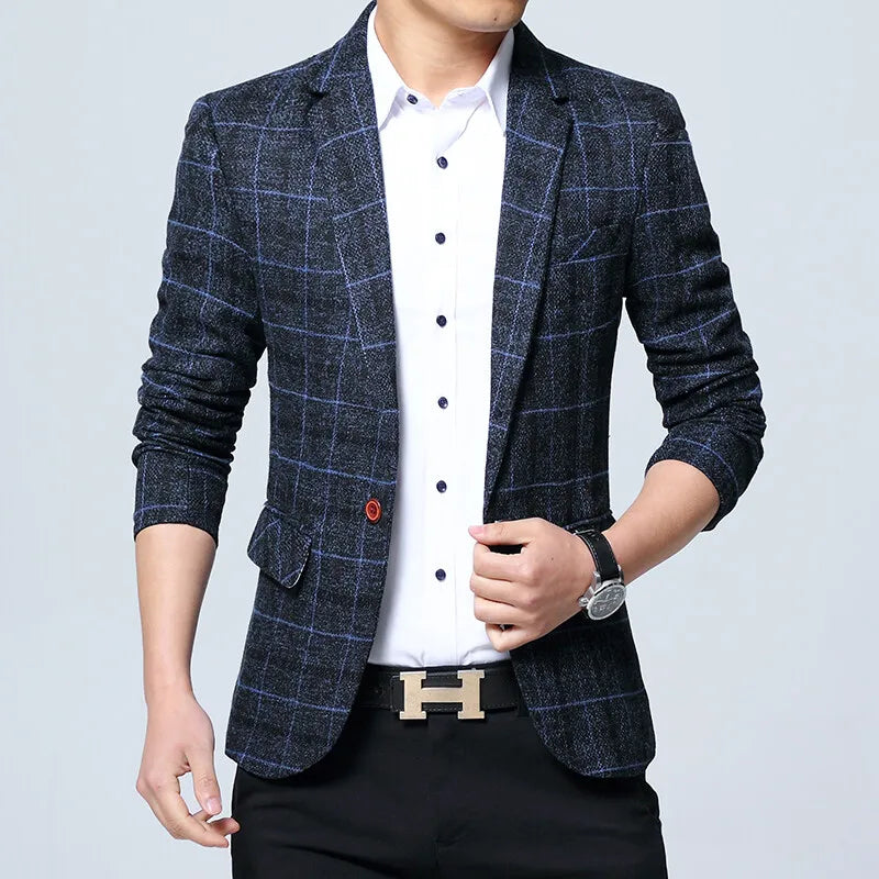 Men's Korean Style Spring Autumn Casual Small Suit Checkered Jacket Fitted Large Size Single Western Wear