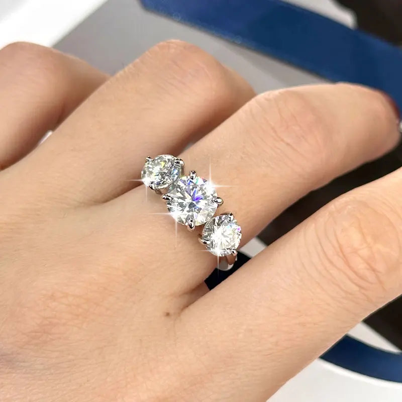 14k Gold Filled Three Stone Ring 8mm&6.5mm D Color Round Moissanite Certified Engagement Wedding Jewelry for Women Rings