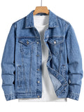 Men's Blue Denim Jacket for Spring and Autumn. Multi-Pocket Design. Regular Size with a Stylish Street Casual Style.