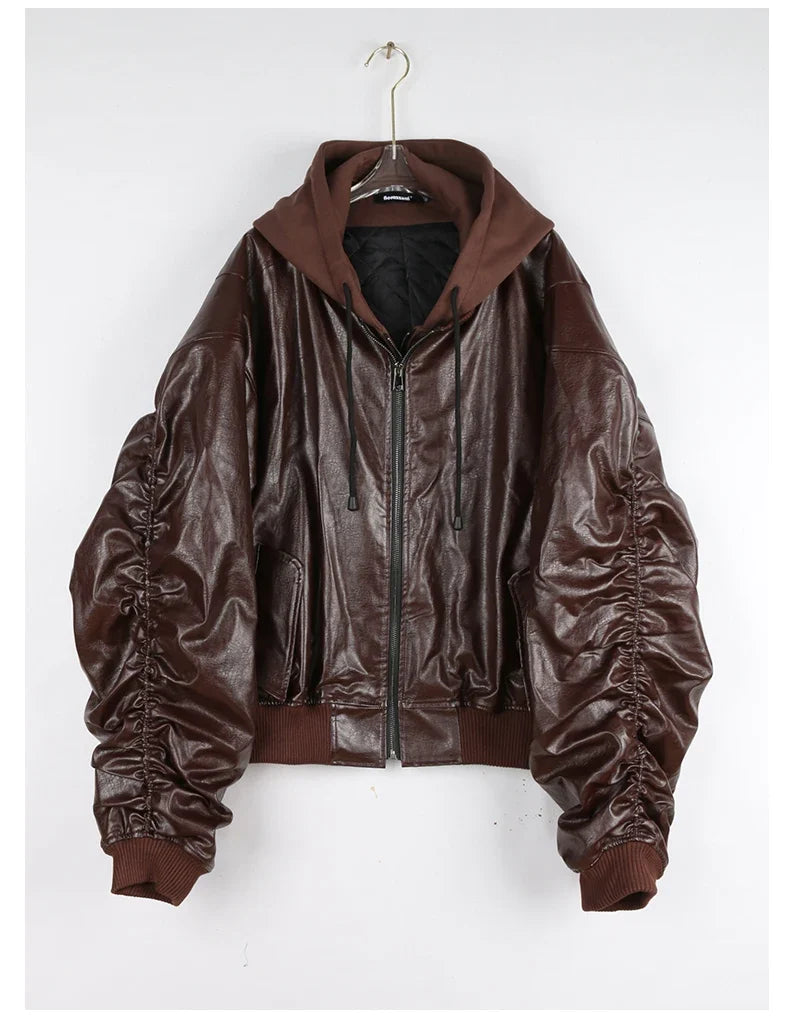 Autumn Winter Cool Handsome Oversized Brown Thickened Warm Leather Jacket Men with Hood Fake 2 Piece European Clothes