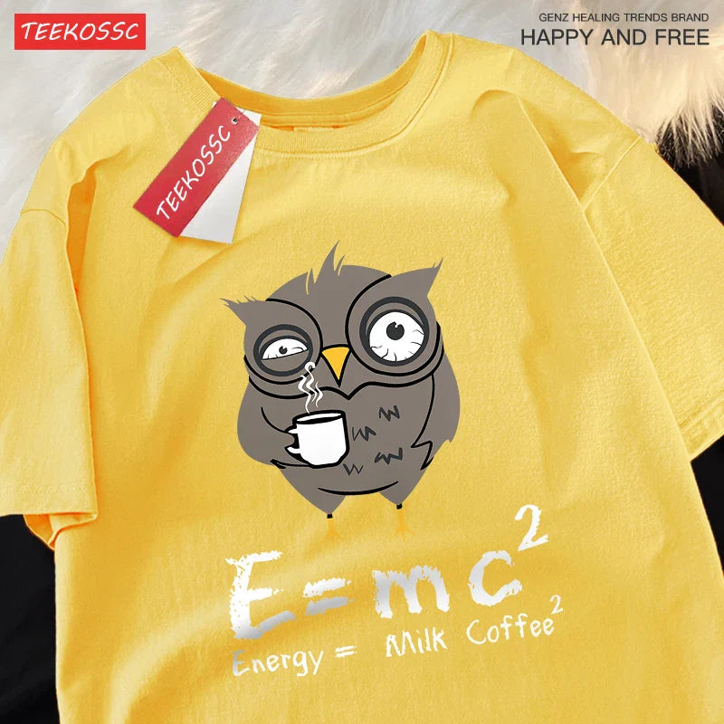 تي شيرت رجالي مطبوع عليه شعار "Energy Milk Coffee Fun Formula" من القطن بياقة مستديرة وتصميم فضفاض كبير الحجم مناسب للشارع ومناسب للزوجين