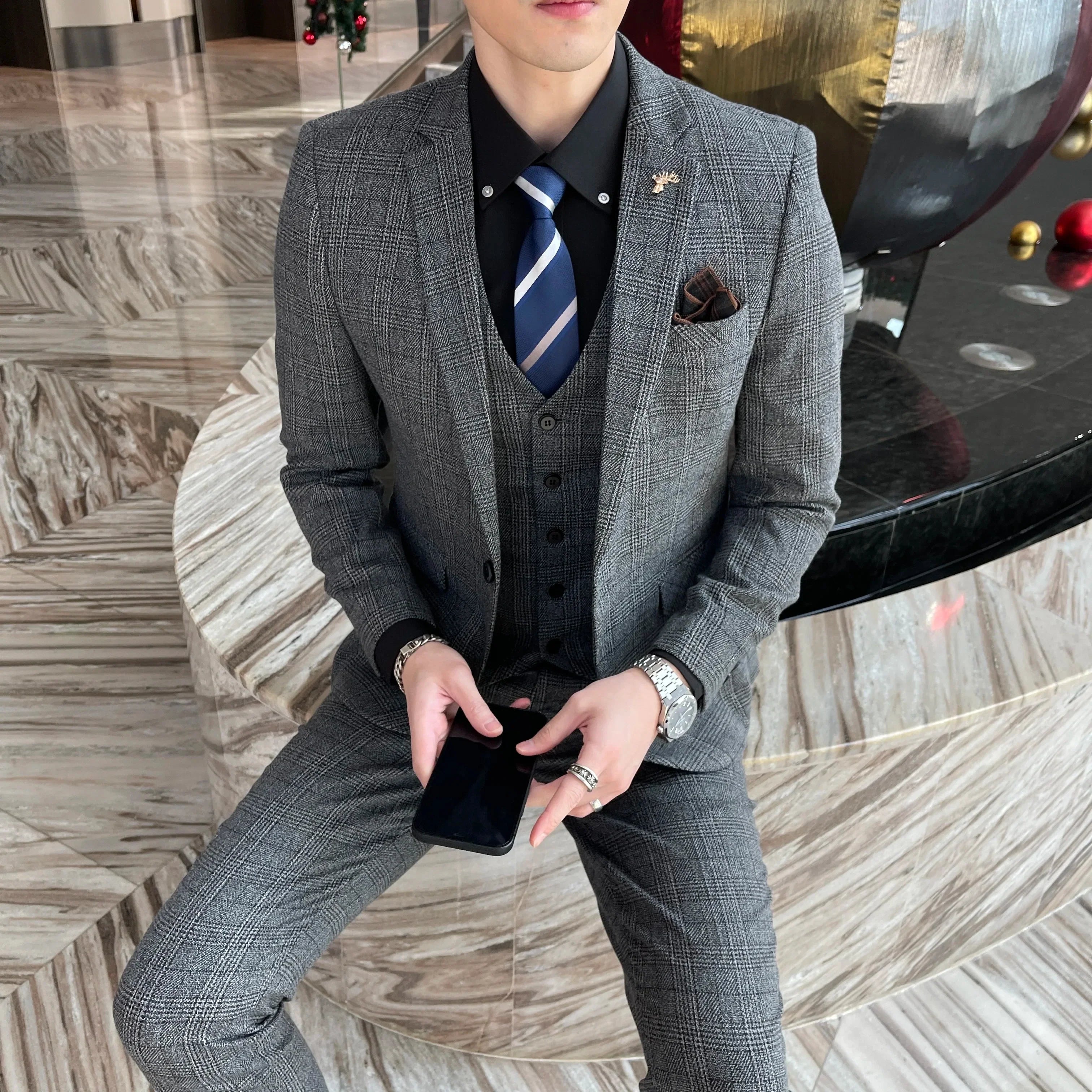 British Modified Plaid Three-Piece Suit for Men - Stylish Business Casual Suit Vest And Trousers Set