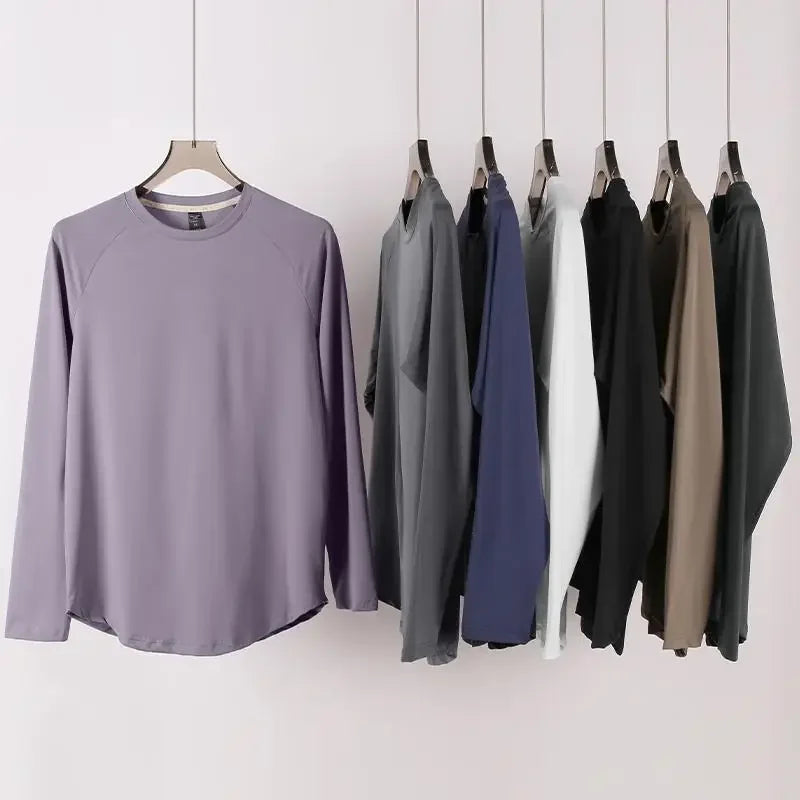 Sports Long-sleeved T-shirt Men Curved Hem Warm Gym Fitness Clothes Quick-drying Breathable Running Training Round Neck Top