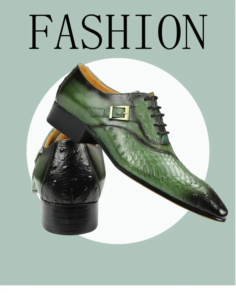Luxury Men Oxford Shoes British Carved Fashion Dress Leather Shoes  Pointed Shoes Trendy Lace-up Green Black Formal Shoes Men
