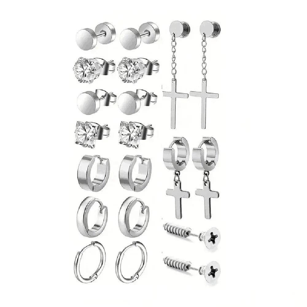 Simple Stainless Steel Zircon Stud Earrings For Men, Cross Pendant Hoop Earrings For Daily Wear