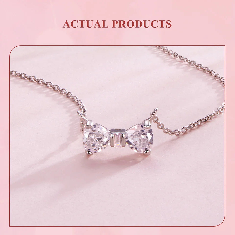 925 Sterling Silver Full Zircons Bow Pendant Necklace Sweet Bowknot Link Chain for Women Girls Birthday Gift Fine Jewelry