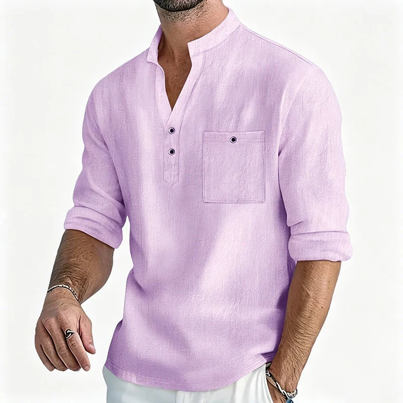 Men Mandarin Collar Long Sleeve Henley Cotton Linen Shirt With Chest Pocket Breathable Lightweight Beach Travel Daily Casual Top