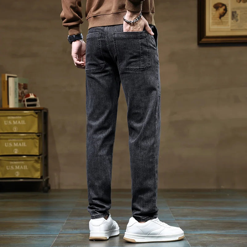 Versatile Six-Pocket Design Jeans Men's Loose Straight Leg Pants Stretchy Comfortable for Outdoor Hiking Activities All Seasons
