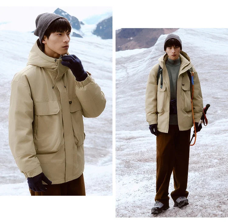 Down Jacket Men Windproof Waterproof Oil Stain Resistant 2025 Winter New Loose Hooded Workwear Thick Coat