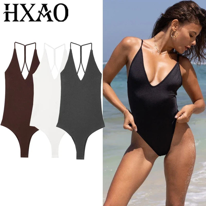 HXAO Female Bodysuit Summer Slip Off Shoulder One Piece Swimsuits Corset Backless Bodysuits Sexy Women Beach Black Brown Body