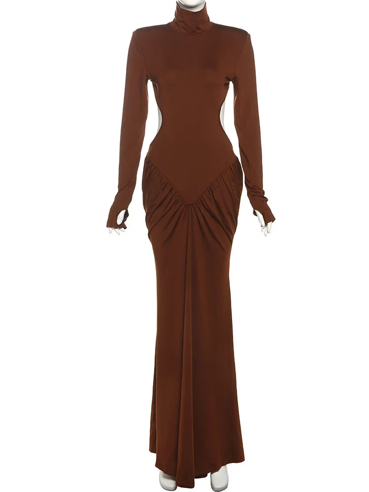 Sisterlinda Shirring Sheath Maxi Dresses High Street Classic Full Sleeve Straight Shoulder Backless Vestidos Mujer Evening Wear