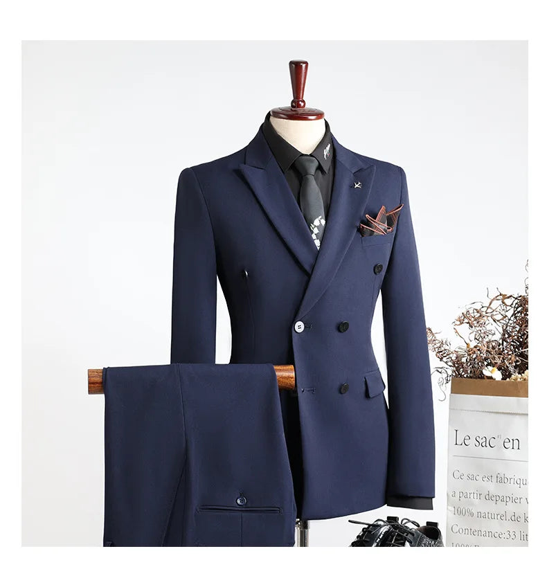 Man Suit Outfit Double-breasted Blazer Men V-neck Vest Straight-leg Pant Male Slim Business Wedding Three-piece Set