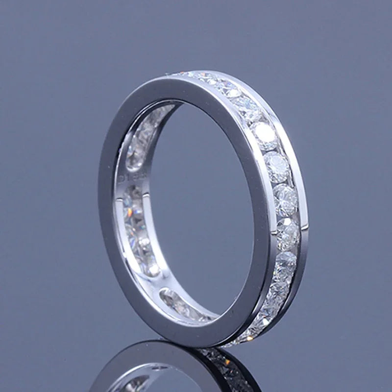 S925 Silver Groove Inlaid D VVS1 Round Moissanite Ring for Women Fashion Wedding Ring Eternity Band with Certificate