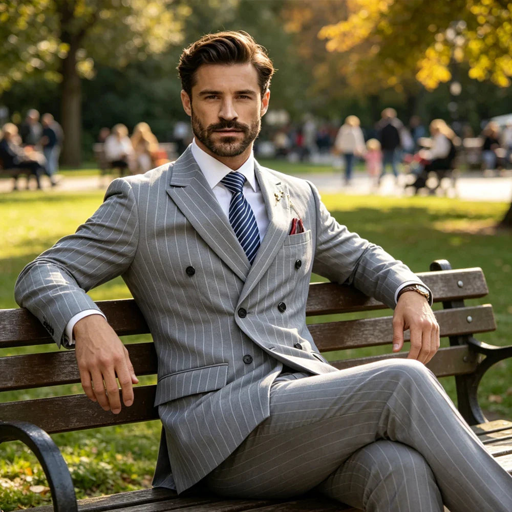 Men's Pinstripe Suit Set Classic Double Breasted Peak Lapel Slim Fit 2 Piece Blazer Pants For Business Formal Wedding