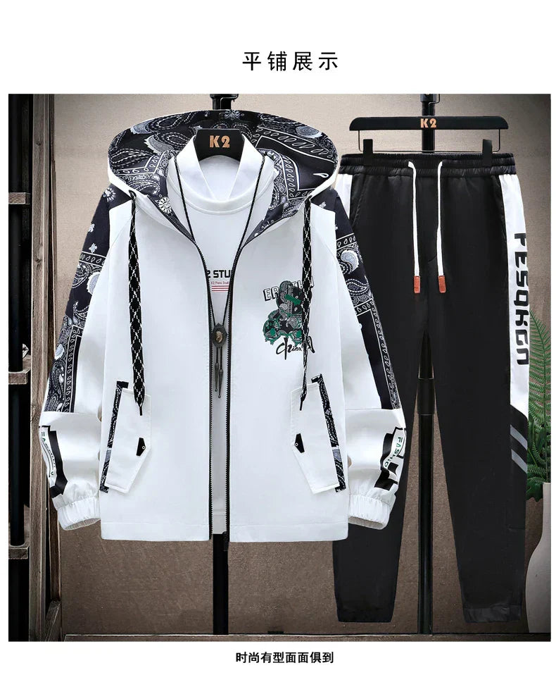 Spring Men Sportswear Tracksuit 2 Piece Running Sets Sports Hooded Jacket+Pant Sweatsuit Male Print Clothing Streetwear