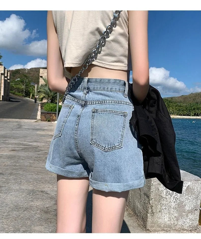 Summer Thin Style Korean Version High Waist Slimming Denim Shorts for Women Loose Line Outer Wear Rolled Edge Wide Leg Hot Pants