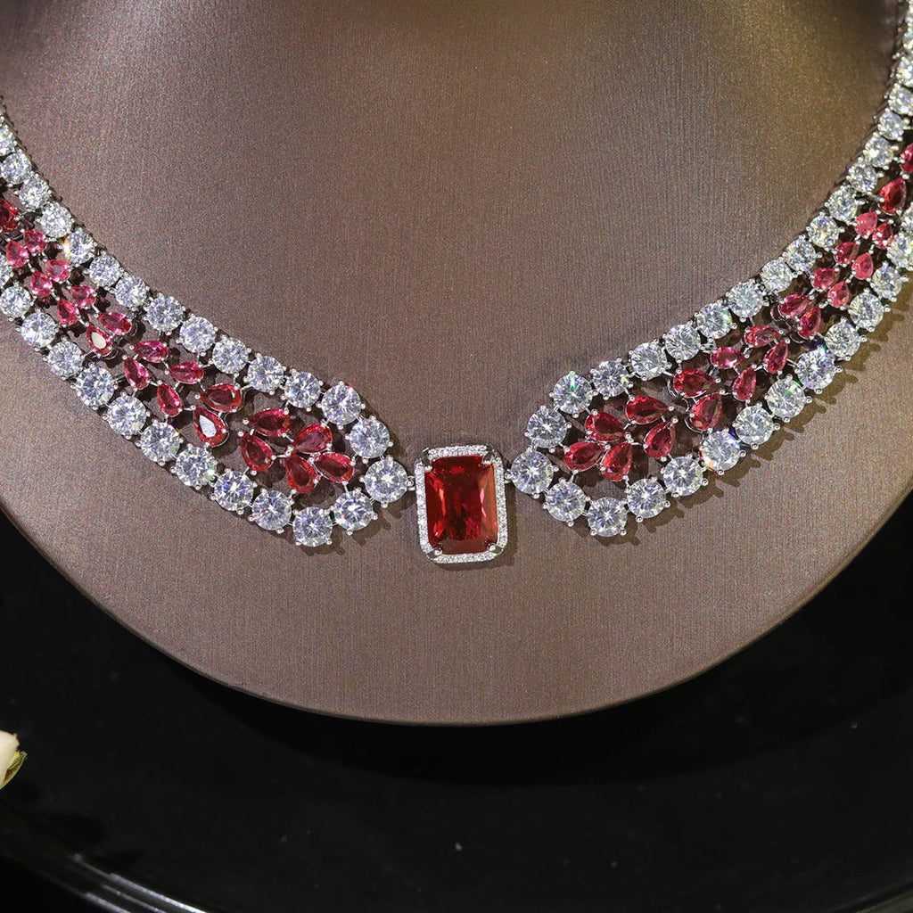 Fashion Wedding Jewelry Sets Shiny Red and white inlaid CZ Crystal Necklace and Earrings 2PCS Bridal Dress Party Accessories