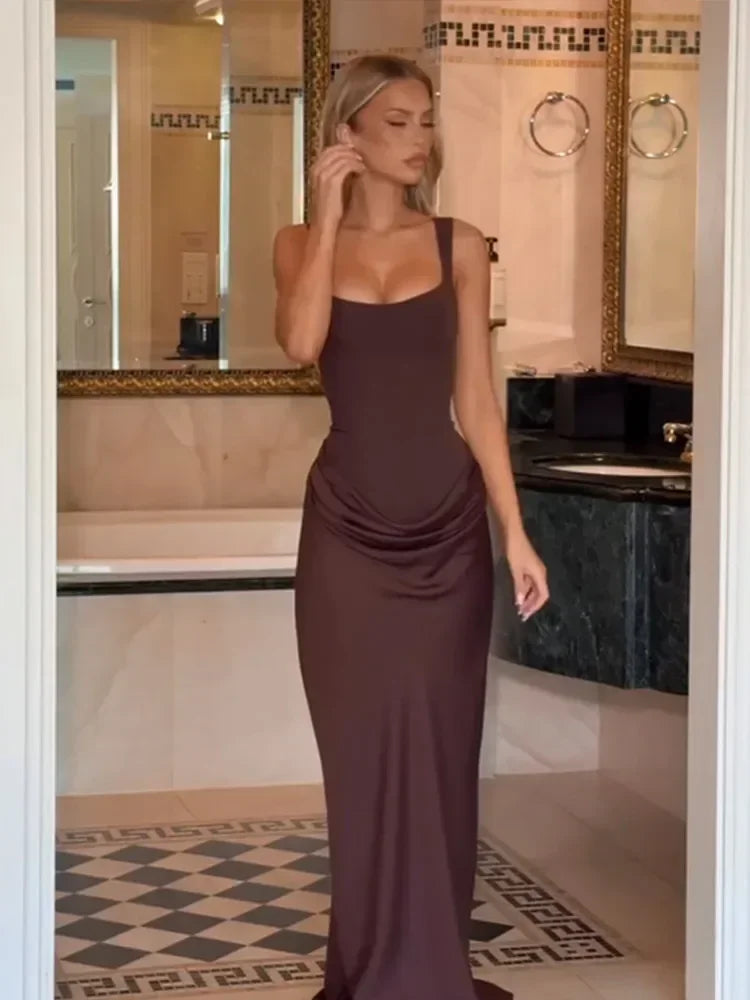 Sexy Square-neck Halter Long Dress Women 2025 Pleated Sleeveless Backless High Waist Bodycon Dresses New Summer Lady Party Gowns