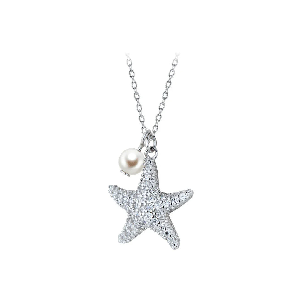 Marine Life Adjustable Necklace for Women Shiny Zircon Starfish Pearl Sterling Silver 925 Pendant Necklace Fine Jewelry