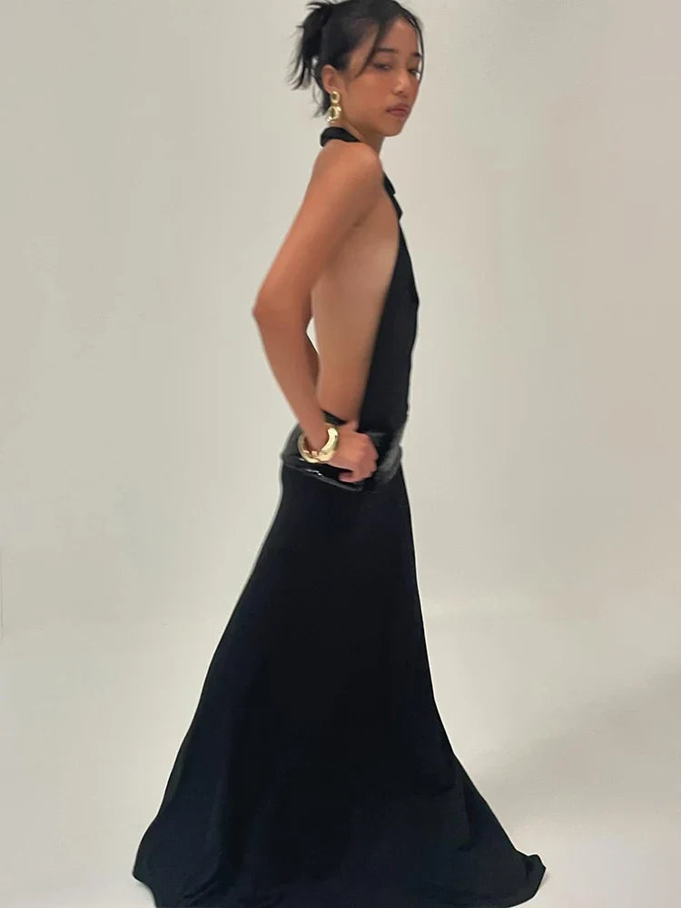 Backless Fashion Dresses Elegant Halter Patchwork Draped Maxi Bodycon Female Solid Simple Evening Party Frock New