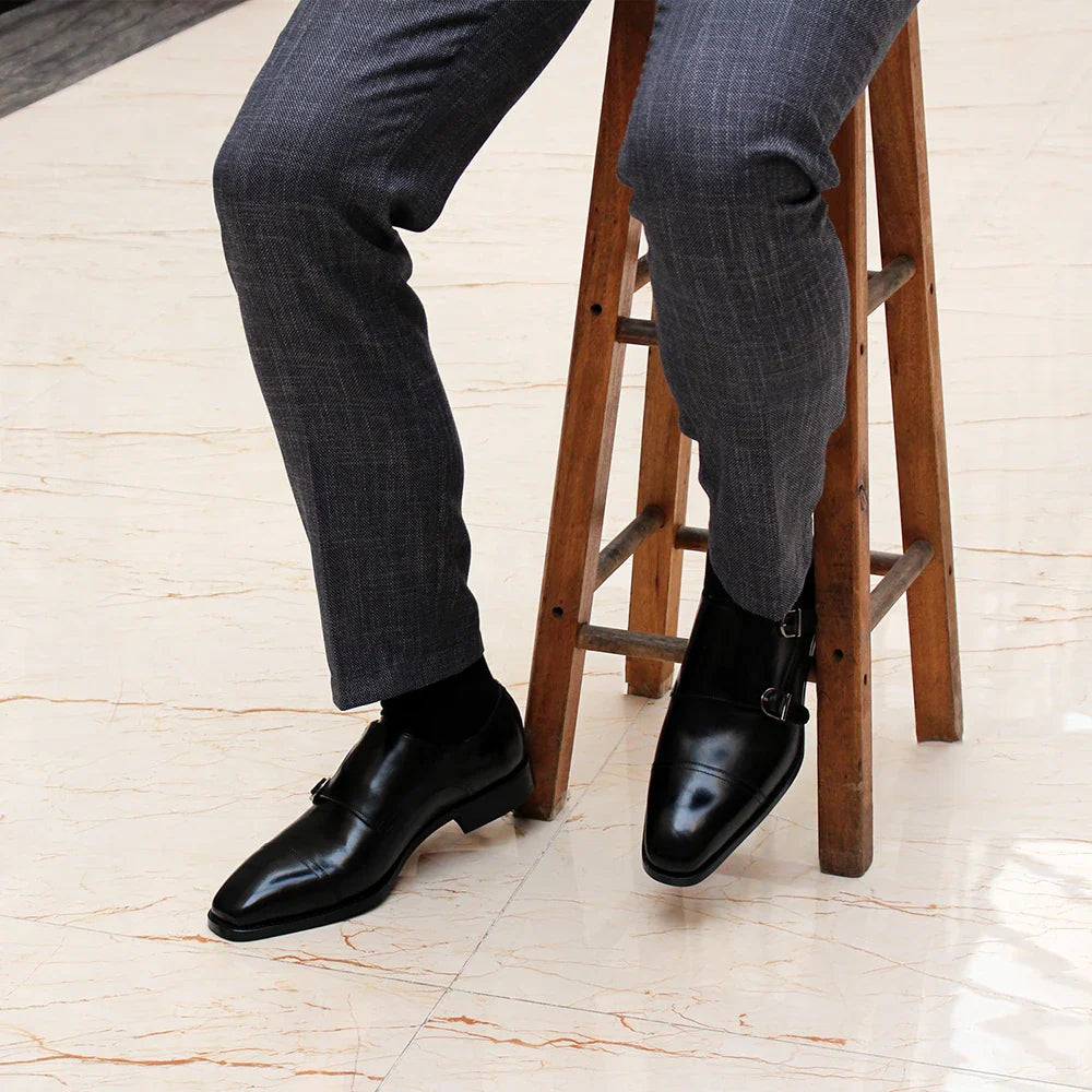Luxury Genuine Leather Double Buckle Monk Strap Formal Shoes for Men Classic Cap Toe Business Office Wedding Dress Shoes