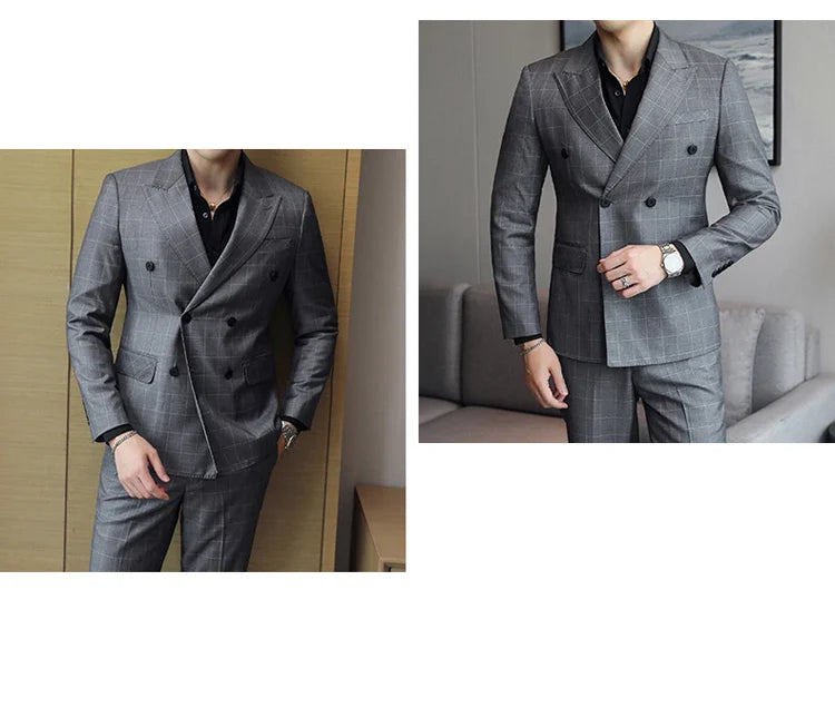 S-5XL ( Blazer + Pants ) Men's High-end Brand Formal Double Breasted Suit Gray 2 Piece Set Wedding Dress Plaid Suit Groom Party