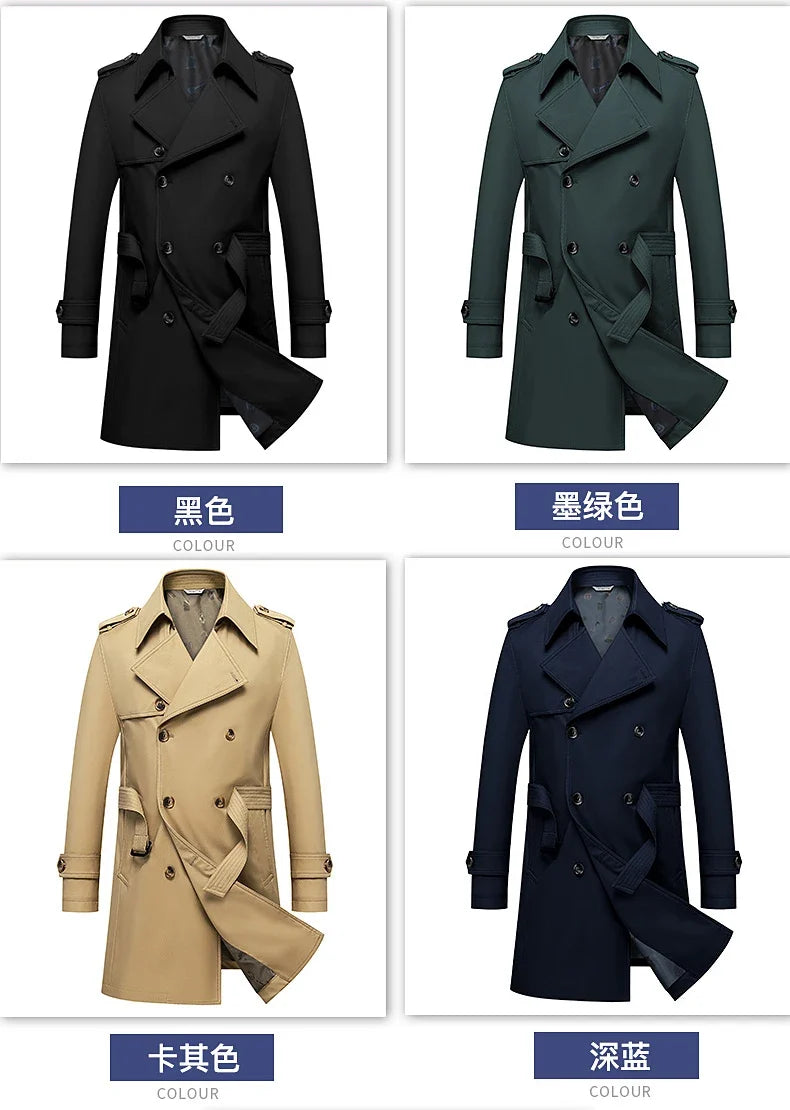 2024 Autumn New Men's Medium to Long Fashion Windbreaker Coat High Quality Double breasted British style Coat Series Belt Coat