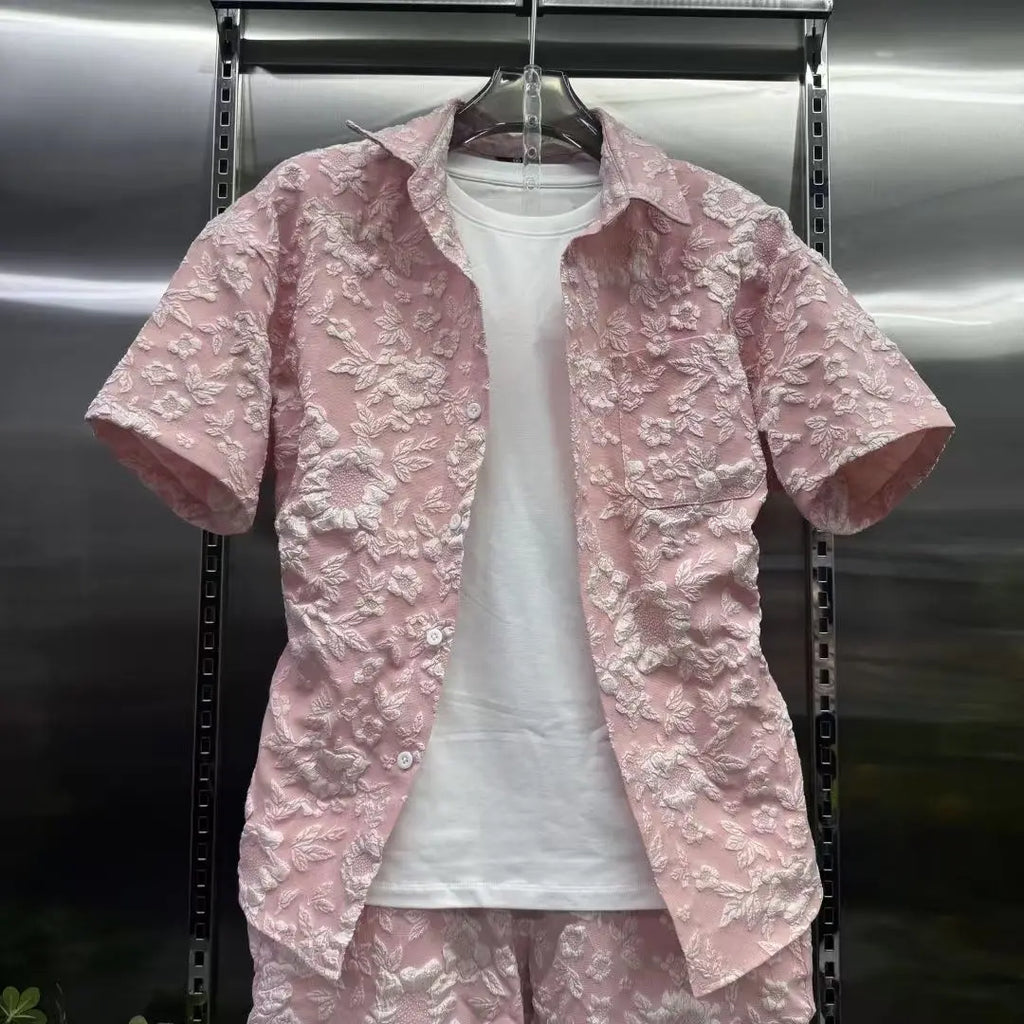 Summer Shirts+Pants Men Sets New Men Casual Print Shirt Two Piece Mens Sportswear Jogger Tracksuits Fashion Suit