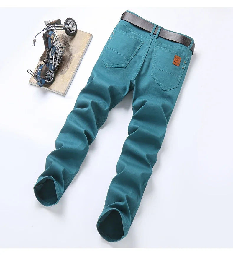 2024 Autumn New Men's Stretch Fit Jeans Bright Trendy Denim Straight-leg Trousers Male Red Lake Blue Yellow Trousers