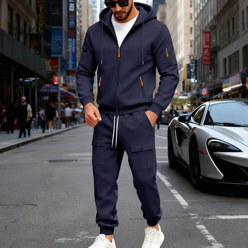 Autumn and winter men's velvet loose casual tooling outdoor sports fashion hooded sweater set