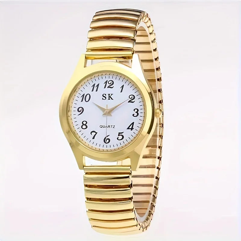 1pcs Vintage round pointer quartz watch classic analog elastic band watch for ladies