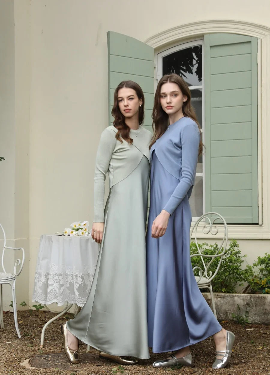 2025 spring summer elegance satin dress + knitted top match set maxi floor length woman clothes