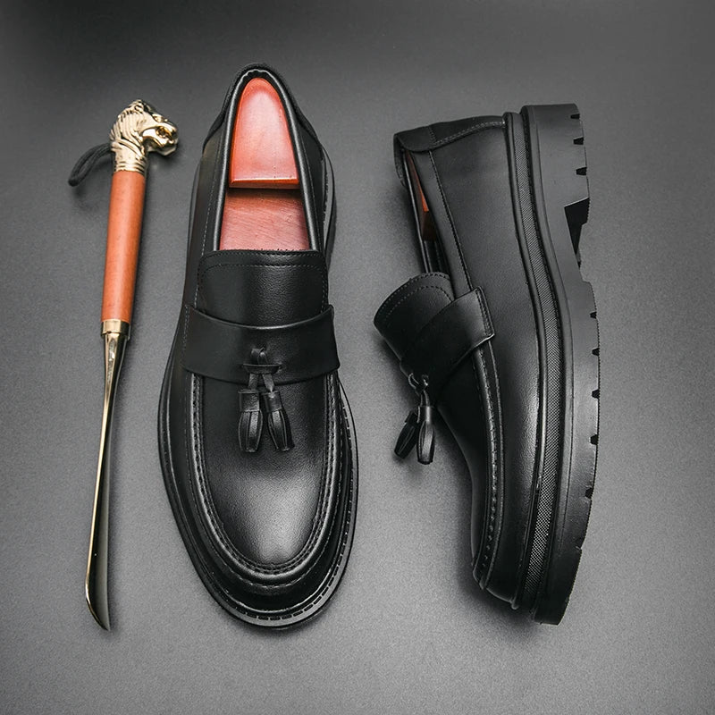 Tassel Loafers Men Platform Thick-soled Formal Business Shoes Slip-on Comfortable Mens Leather Wedding Casual Shoes Oxford Shoes
