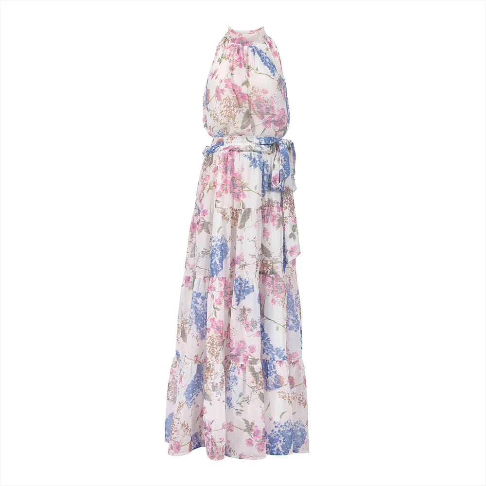 Summer Women Printed Midi Dress Sleeveless Satin Back Button Female Chic Elegant Dress Casual Vacation Party Evening Dress