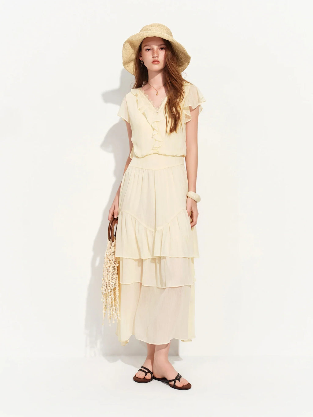 2026 Summer Women‘s Tiered Ruffle Lace Trim Chiffon Long Short Dress Flowy Smocked Maxi for French Romantic Coquette Style