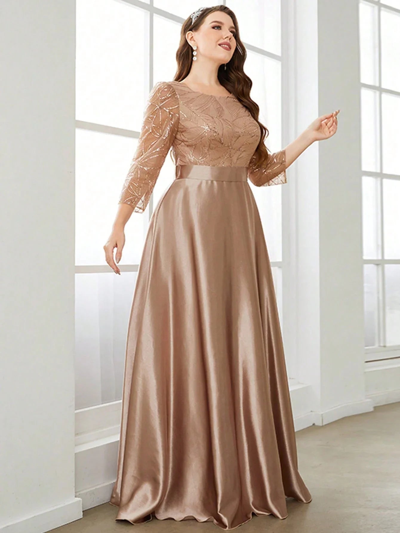 Crew neck long sleeve sequin patchwork satin long gown ball dress