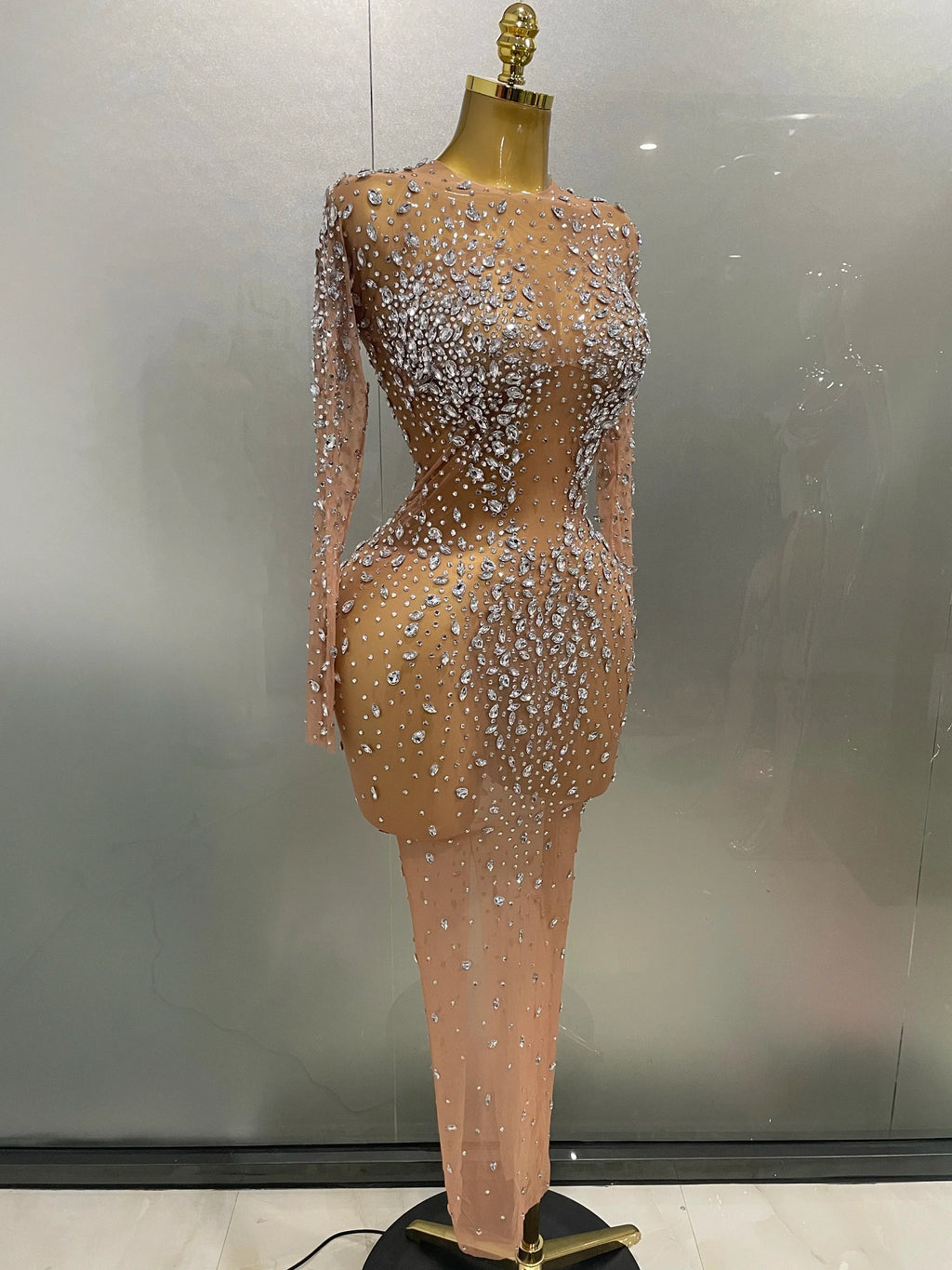 Sexy Shinny Rhinestone Stretch Mesh Transparent Long Dress 2025New Women Evening Birthday Party Prom Nightclub Singer Stage Wear