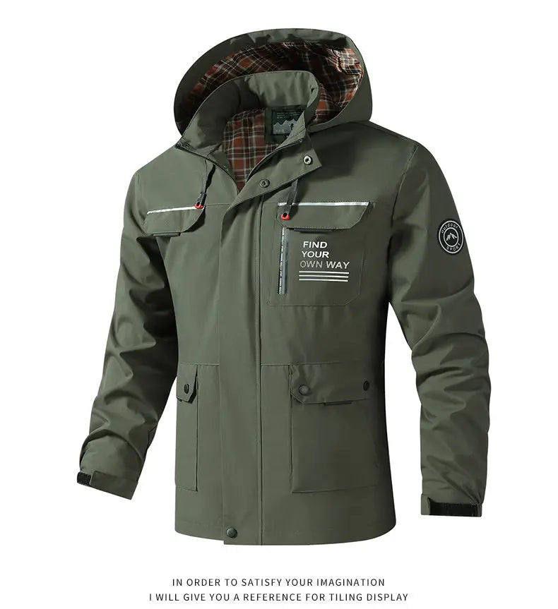 Hooded Waterproof Jacket Men Outdoor Softshell Zip Up Outwear Windbreaker Hiking Camping Coats Lightweight Spring Autumn Coats