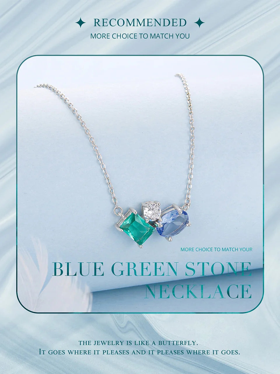 925 Sterling Silver Necklace Blue Green Stone  White Gold Zirconia Pendant Adjustable Chain for Women Fine Jewelry Gift