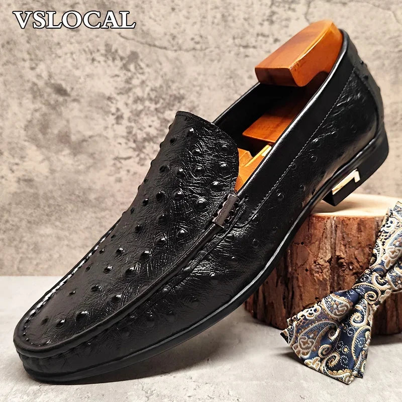 Luxury Brand Men Loafers Shoes Black Brown Ostrich Print Pointed Toe Slip-on Casual Mens Dress Shoes Slip on Loafers Men