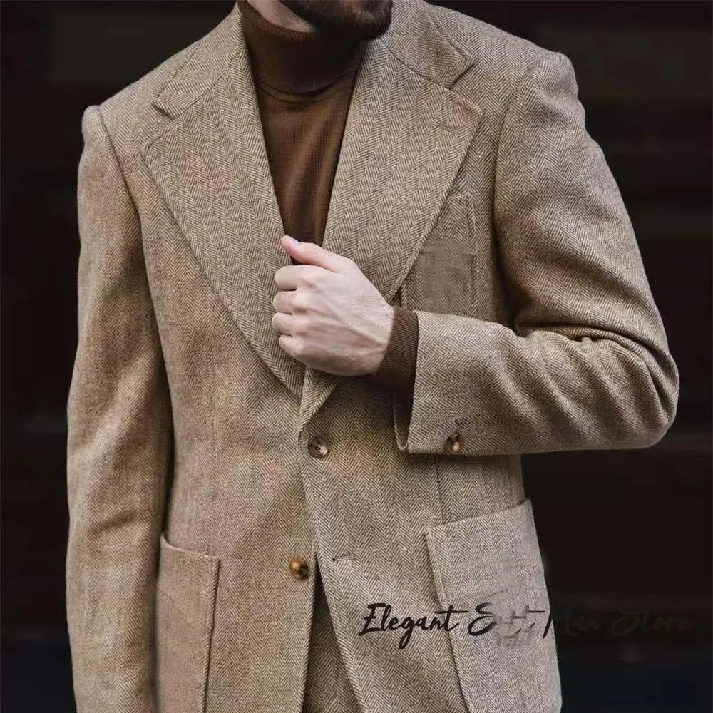 Herringbone pattern Kent blazer Pants Retro Italian style Men's Business Suit Set (Jacket+trousers）tall men tailored suit set