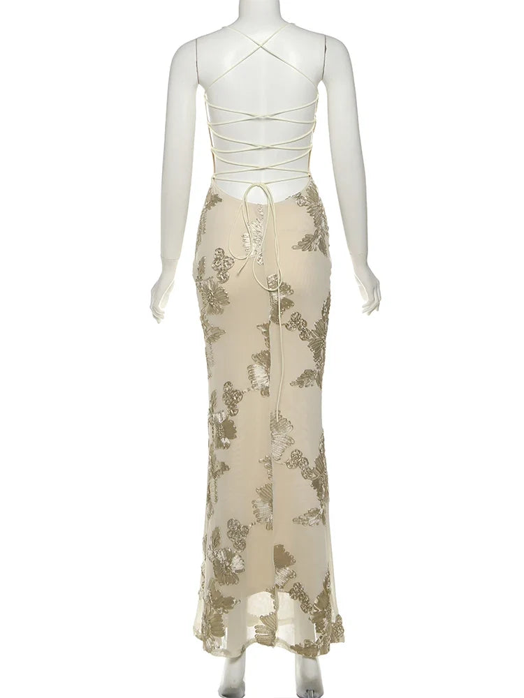 Elegant Flower Embroidery Maxi Dress Women Low-Neck Cross Bandage Backless Summer Street Trend Skinny Holiday Vestidos