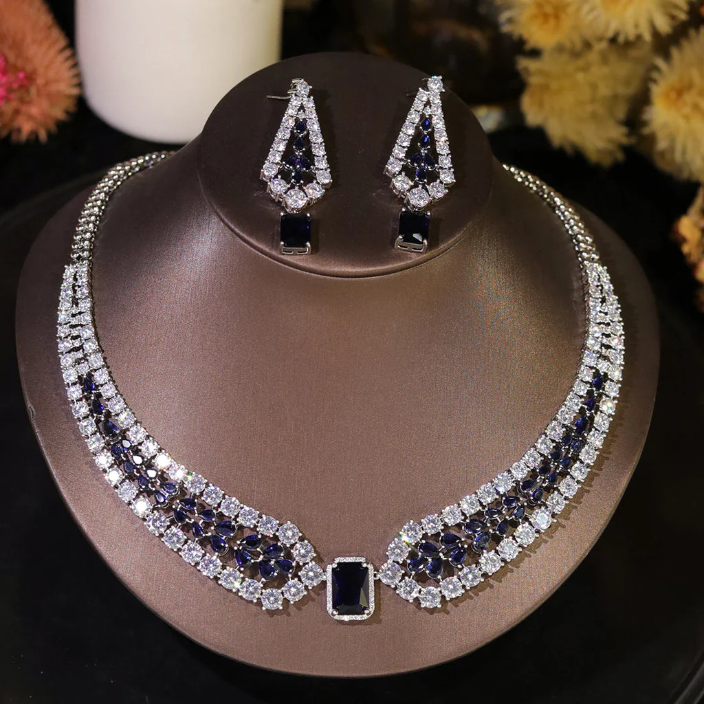 Fashion Wedding Jewelry Sets Shiny Red and white inlaid CZ Crystal Necklace and Earrings 2PCS Bridal Dress Party Accessories