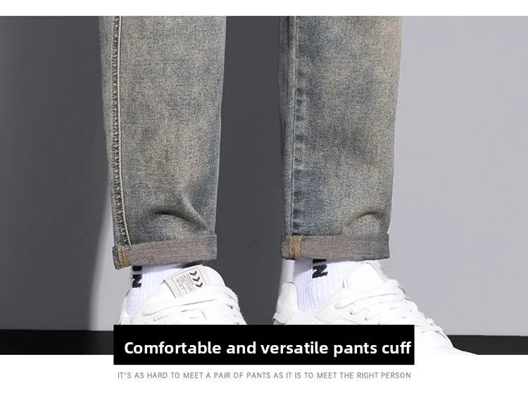 Retro American Style Men's Jeans Loose Fit Heavy Casual Slim Leg Cotton Pants Elastic Waist Korean Denim Jeans for Spring Autumn